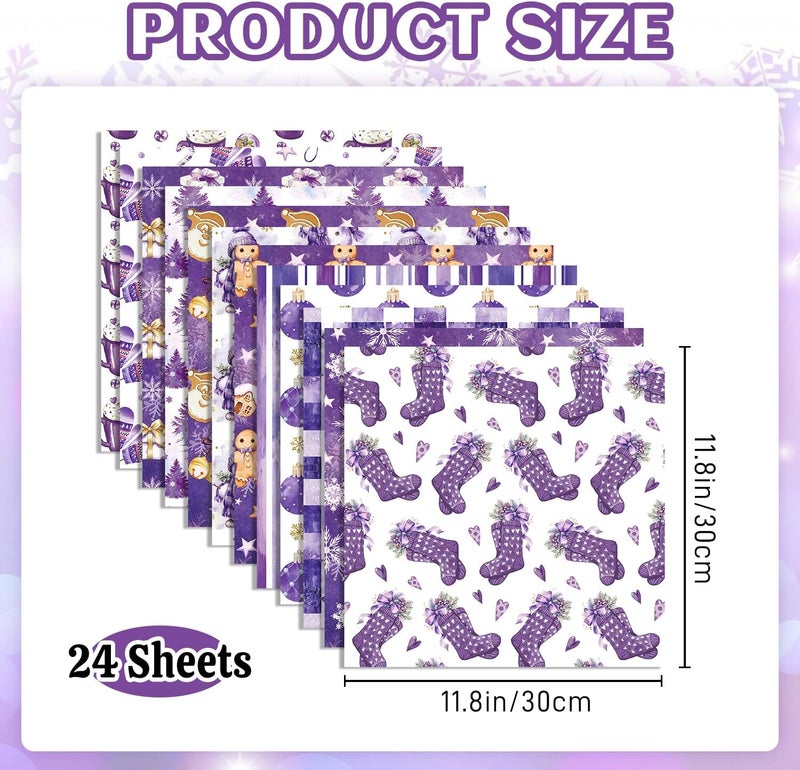 Feivando 24 Sheets Christmas Scrapbook Paper 12'' × 12'' Double-Sided Watercolor Xmas Purple Pattern Paper Decorative Art Cardstock for Holiday DIY Crafts Card Making Scrapbook Supplies - Image 2